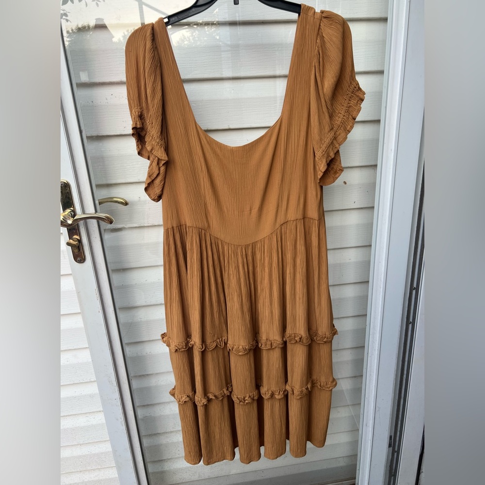 Tiered Rust Brown Midi Dress with Flutter Sleeves - Women's